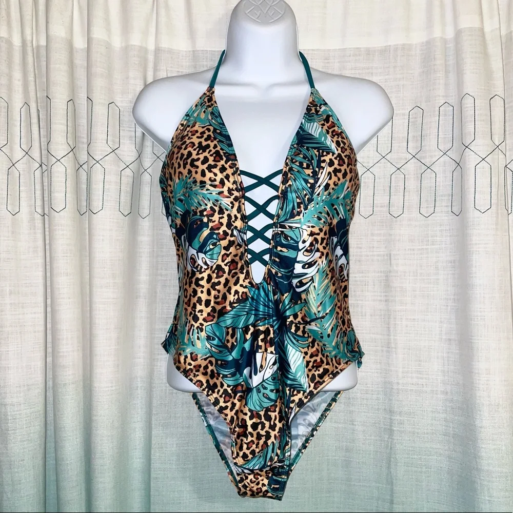 Tropical Leopard Lace Up Halter One Piece Swimsuit (XL) - Picture 5 of 10